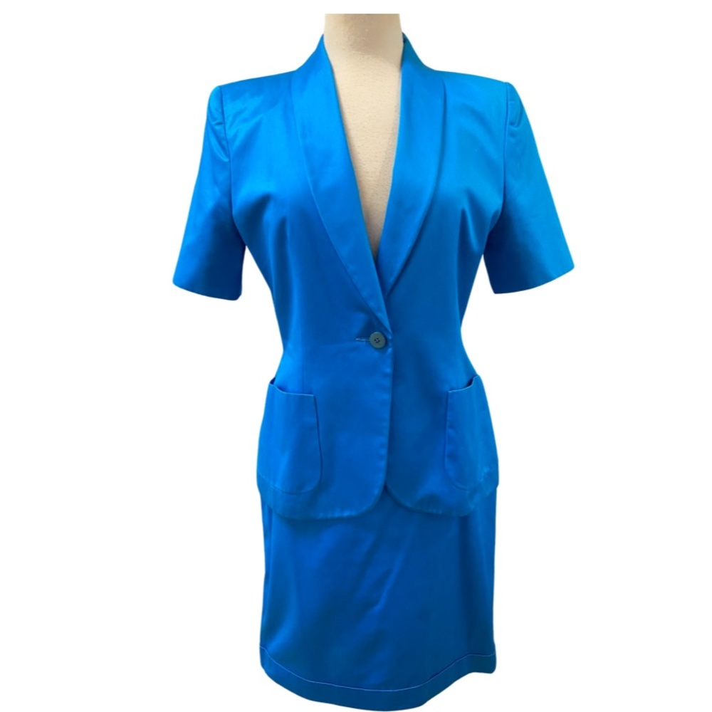 Couture GIVENCHY Paris Turquoise Cotton Sateen 2pc Jacket Skirt Suit 42/10